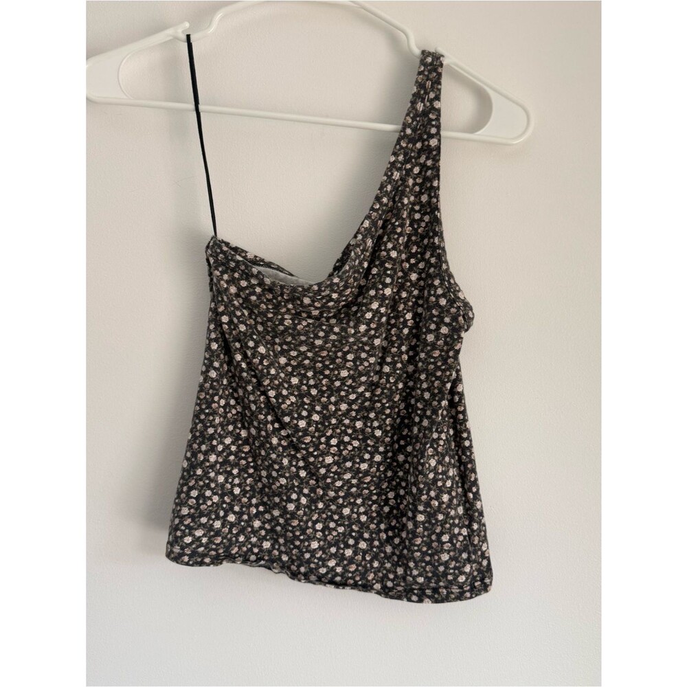 American Eagle Outfitters One-Shoulder Floral Tank Top Black & Pink Size Small